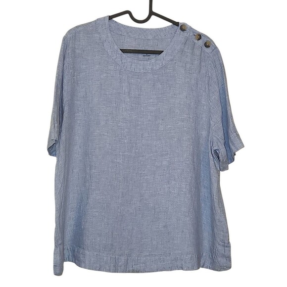 M&S Pure Linen Blue Lagan Top Size 12 Shoulder Button Detail Marks and Spencer - Picture 1 of 4
